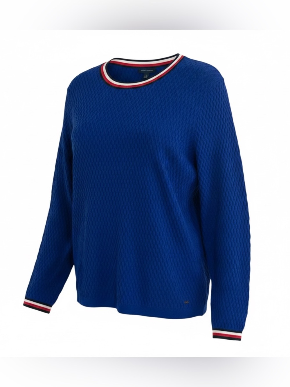 Tommy Hilfiger Blue Textured Knit Sweater Striped Trim Crewneck Women XL